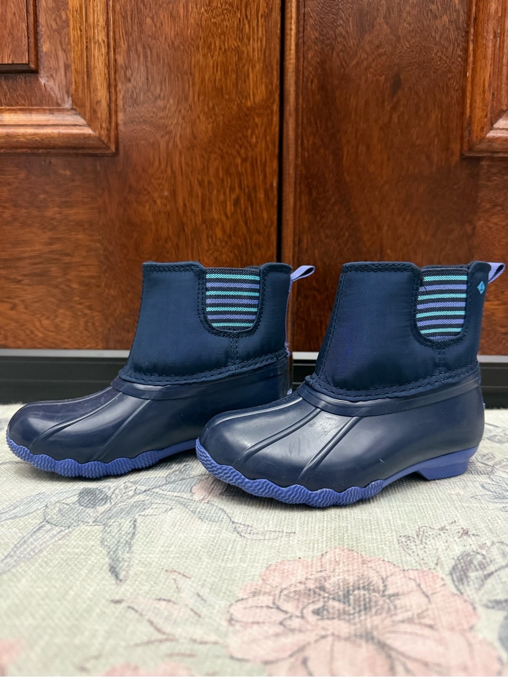 Sperry Navy and Light Blue Kids Waterproof Rain Boots with Striped Panels
